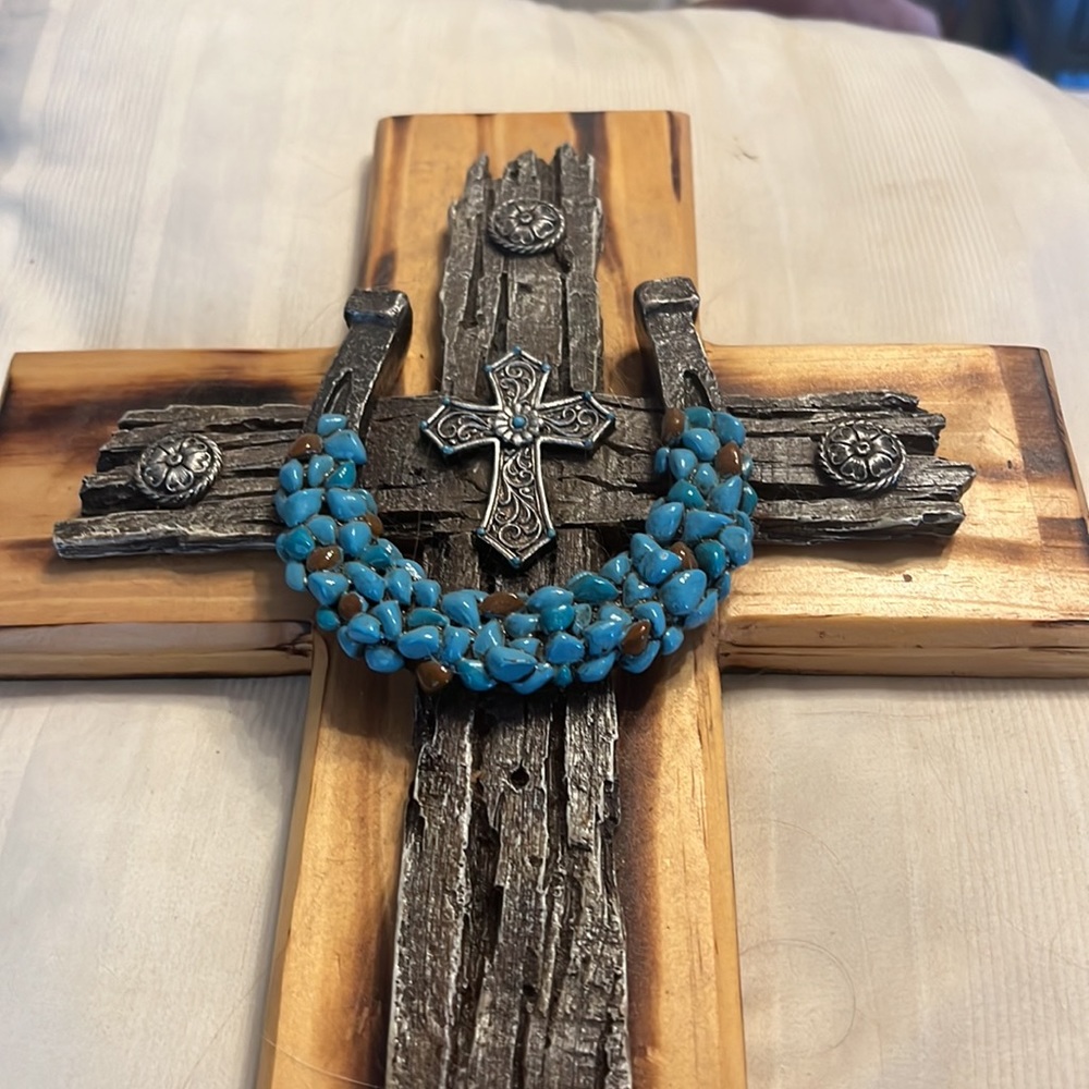 Beautiful cross with turquoise bling.  Length 16 in and width is 10 in. - Picture 2 of 3